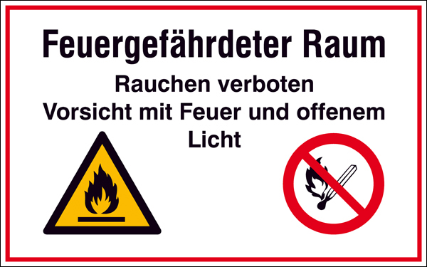 Modellbeispiel: Hinweisschild, Feuergefährdeter Raum, Rauchen verboten, Vorsicht mit Feuer und... (Art. 41.d9060)