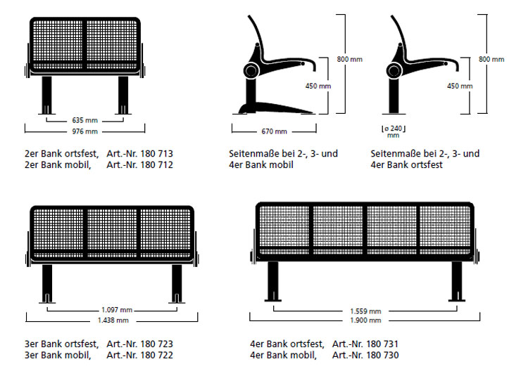 Technische Ansicht: Maße der 2-,3- und 4er Sitzbank -Joku- mit Rückenlehne (Art. 33861)
