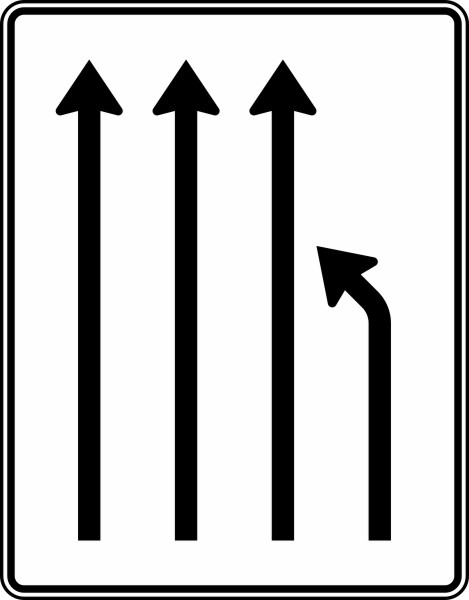 Einengungstafel ohne Gegenverkehr, Einzug rechts und noch 3 Fahrstreifen