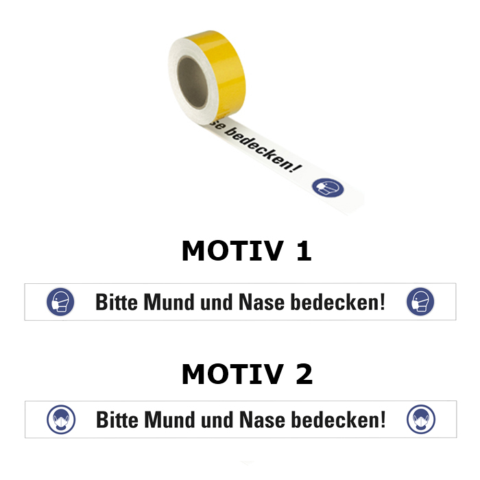 Modellbeispiele: Bodenmarkierungsband -Bitte Mund und Nase bedecken!-, 16 m-Rolle (v.o. Art. 39861, 39863)