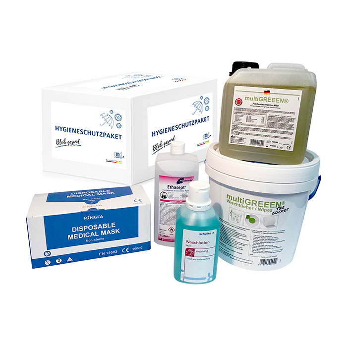 Infektionsschutzpaket -Office- inkl. Masken Typ 2R, Flächen- und Handdesinfektion und Waschlotion
