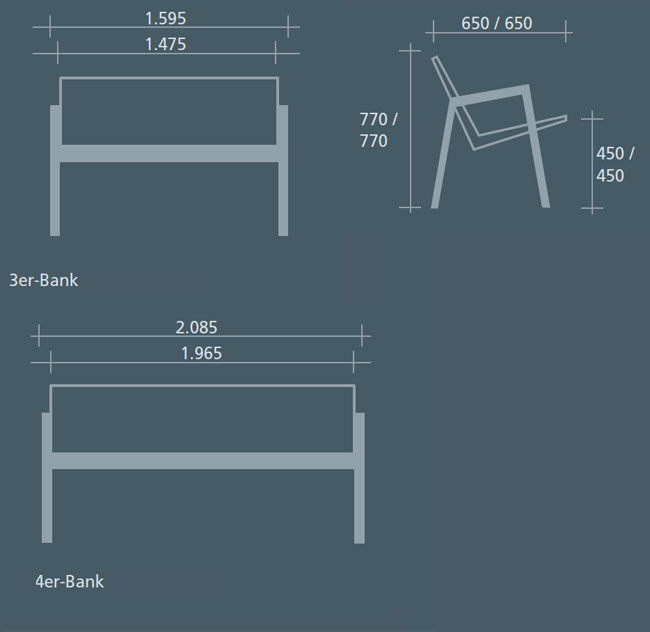 Technische Ansicht: Maße der 3er und 4er Sitzbank -Angle- (Art. 20848 und 20849)