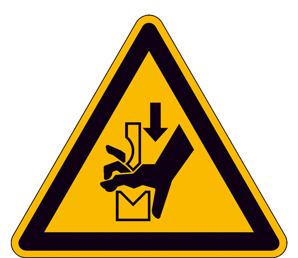 Warnschild, Warnung vor Quetschgefahr der Hand zwischen den Werkzeugen einer Presse