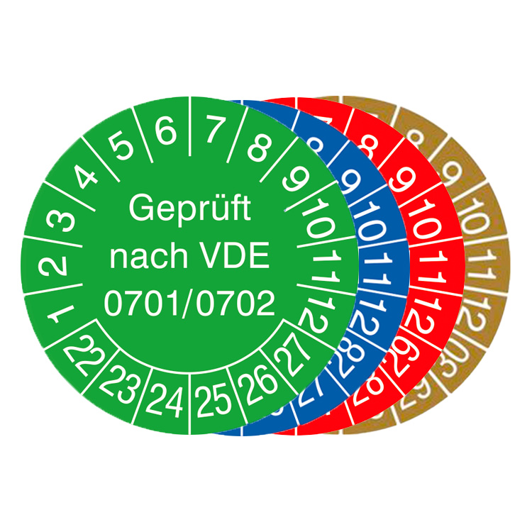 Modellbeispiel: Prüfplaketten mit Jahresfarbe (6 Jahre), Geprüft nach VDE 0701/0702