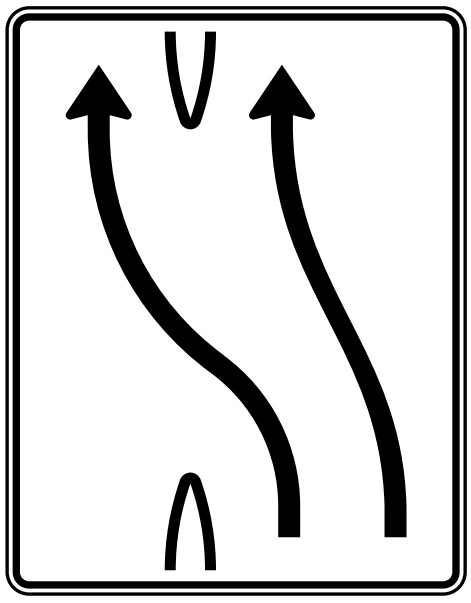 Überleitungstafel, 2-streifig nach links, 1 Fahrstreifen übergeleitet