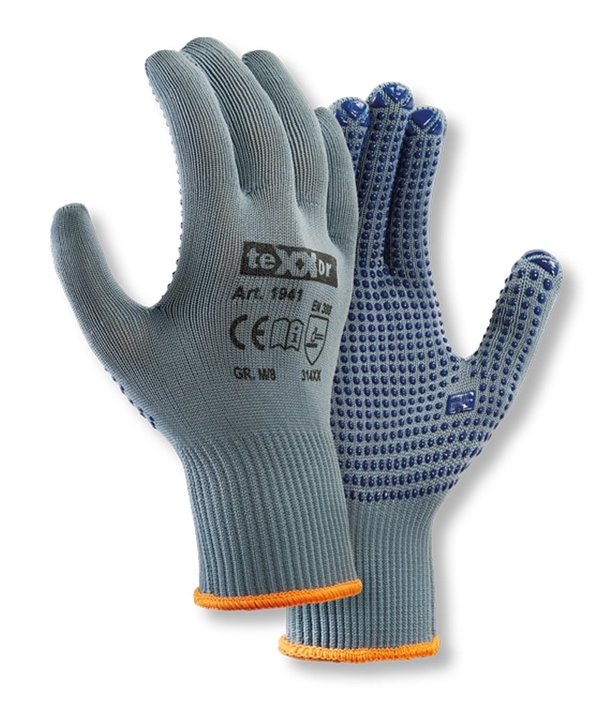 teXXor® Feinstrick-Handschuhe 'NYLON', grau/blaue Noppen, 11 