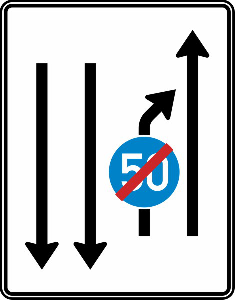 Anwendungsbeispiel: VZ Nr. 536-21 Einengungstafel mit Gegenverkehr, Einzug rechts, Ende der Mindestgeschwindigkeit